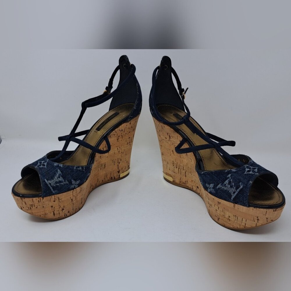 Louis Vuitton Monogram Denim Wedge Platform Ankle Wrap Pumps Shoes 7.5 / 37.5 EU - Picture 9 of 16